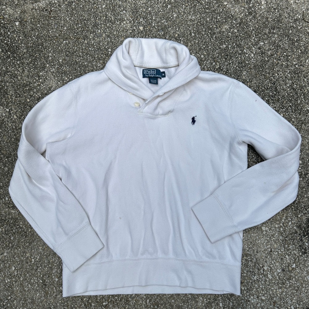 Vtg Polo Ralph Lauren Men Shawl Collar Pullover Sweater White Cotton Knit Medium